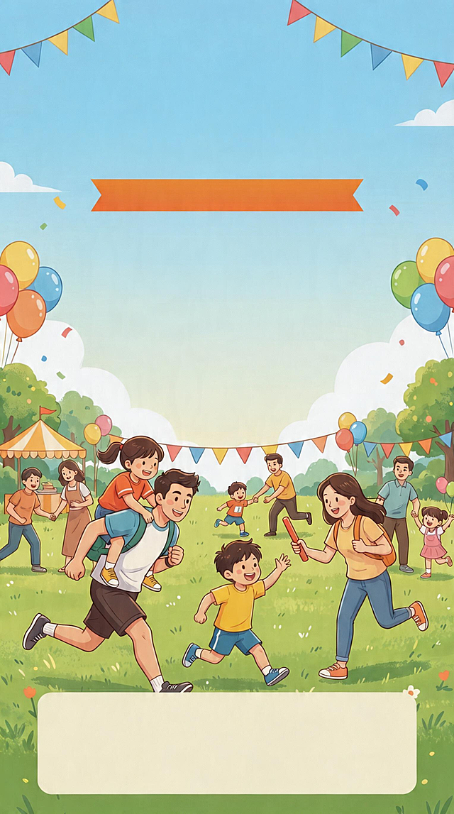 手机竖版海报，主题为桃源社区睦邻节暨亲子运动游园会，风格活泼温馨的卡通插画风格，主标题大字"桃源社区睦邻节暨亲子运动游园会"，副标题"桃气十足，源力全开"，列出游戏项目：小袋鼠运蛋、快乐进球（两人三足）、亲子抬花轿、企鹅历险记、穿越封锁线、踢毽子、亲子跳绳、平板支撑、齐心协力接力赛、毛毛虫竞赛，标注文字"参与集章领奖品"，还有"爆米花，漆扇等体验"，下方标注活动信息：溪语宸章府：4月18日(周六)下午14:00，溪语宸庐：4月19日(周日)下午14:00，括号标注(下周杭玥府、沁语晓庭)，背景是户外草地亲子运动欢乐场景，有彩色气球点缀，色彩明亮欢快，排版清晰，信息完整突出