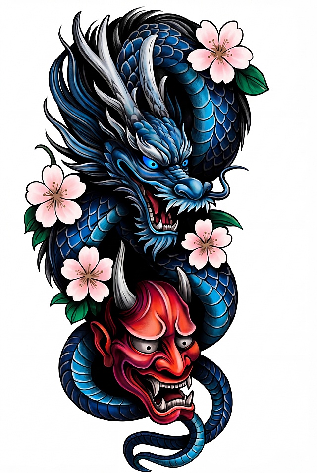 将龙般若纹身线稿渲染为高饱和度鲜艳彩色擦画：中国龙鳞片做墨黑色渐变到深青色，龙的双眼改为纯蓝色，般若面具主体做红色渐变深红色，角做灰白色，樱花花瓣做粉白色渐变浅粉色，花心浅棕色，叶片深翠绿色；整体保持竖向构图，纯白色背景，擦画晕染质感自然，色彩浓郁对比强烈，符合传统日式纹身风格，保留全部线条细节，不改变原有造型结构