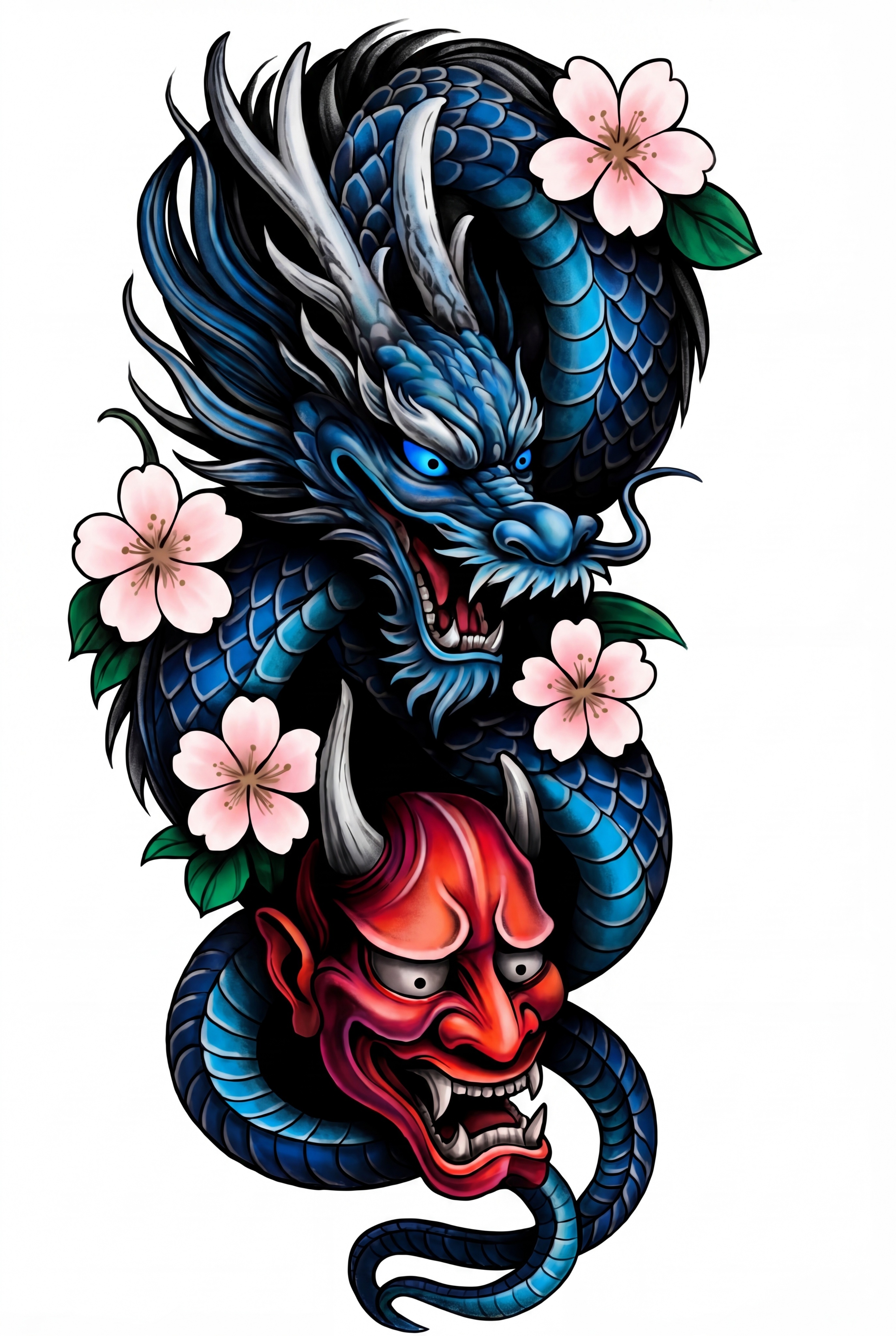 将龙般若纹身线稿渲染为高饱和度鲜艳彩色擦画：中国龙鳞片做墨黑色… - 图片创意预览
