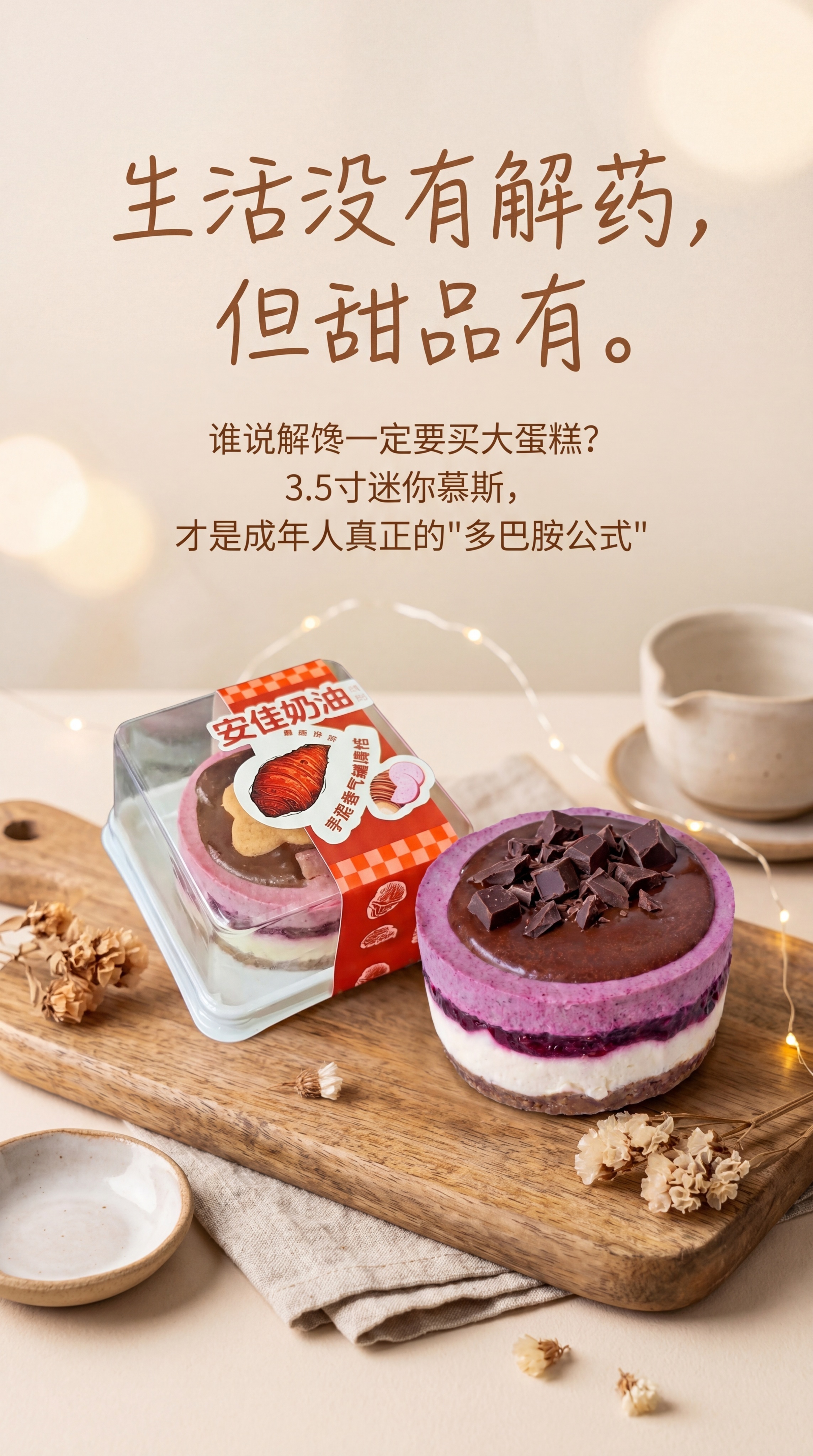 甜品海报设计，包含图中的两款迷你慕斯蛋糕，文案为'生活没有解药… - 图片创意预览