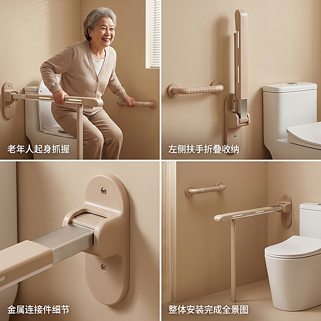 [主图 4] 马桶扶手多场景适用性展示；[氛围风格] 真实自然，展示产品实用性；[画质] 8K超高清，商用级商业摄影质感，画面清晰；[元素] 四宫格布局展示不同场景，左上：老年人起身抓握扶手，右上：左侧扶手向上折叠收纳状态，左下：金属连接件细节展示，右下：整体安装完成全景图；保持产品外观与输入产品图绝对一致，每个场景自然真实，光影统一；[光影] 整体光影统一柔和，明暗自然；[配色] 保持整体温馨暖色调统一；[文字版式] 每个小场景角落标注对应场景名称，字体清晰不遮挡主体；[比例分辨率] 1:1 比例，8K分辨率；[负向提示词] 变形，水印，文字错乱，光影不统一，场景杂乱