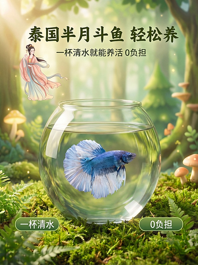 参考图一的排版和风格，将图二中的蓝色半月斗鱼放在圆形玻璃鱼缸中，放置在长满绿色苔藓的地面上，背景为朦胧的森林绿光，保留文字'一杯清水就能养活它'和'0负担 斗鱼养护轻松'，底部放置两个绿色圆角按钮分别写'一杯清水'和'0负担'，整体清新自然，光影柔和，画质超清