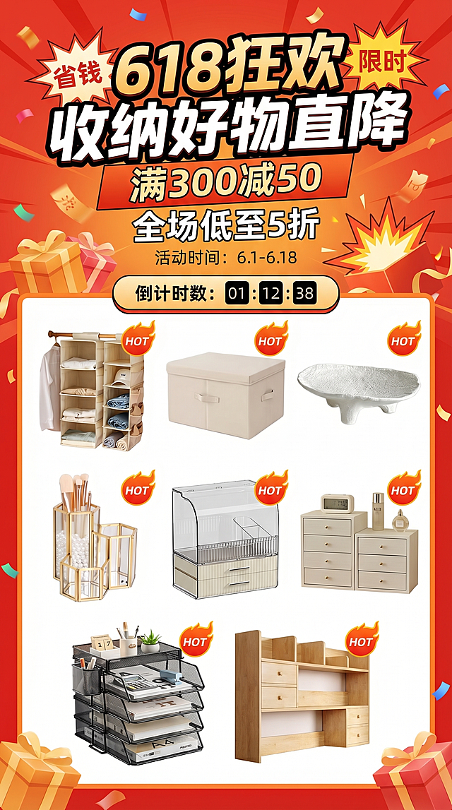 618年中大促促销海报，家居收纳用品促销，展示8款不同的收纳产品：悬挂收纳、布艺收纳盒、纹理果盘、玻璃化妆刷收纳、亚克力化妆品收纳盒、实木桌面收纳柜、金属文件收纳架、实木书桌收纳架。配色为红、橙、金搭配白黑，促销氛围浓烈。信息层级分明，主标题大字："618狂欢 收纳好物直降"，突出"省钱""限时"关键词，优惠信息：满300减50，全场低至5折，活动时间：6.1-6.18。加上折扣标签、爆炸贴、倒计时、礼盒等促销符号，醒目不刺眼，商业促销风格，吸引下单。