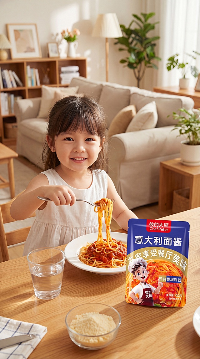 生成一张场景图，3岁小女孩穿着白色裙子，对着镜头微笑，手里拿着叉子挑起意面，坐在客厅的桌子旁用餐，将左上角图中彼的大厨意大利面酱产品自然融入到这个场景中，整体温暖明亮的居家风格，高清自然