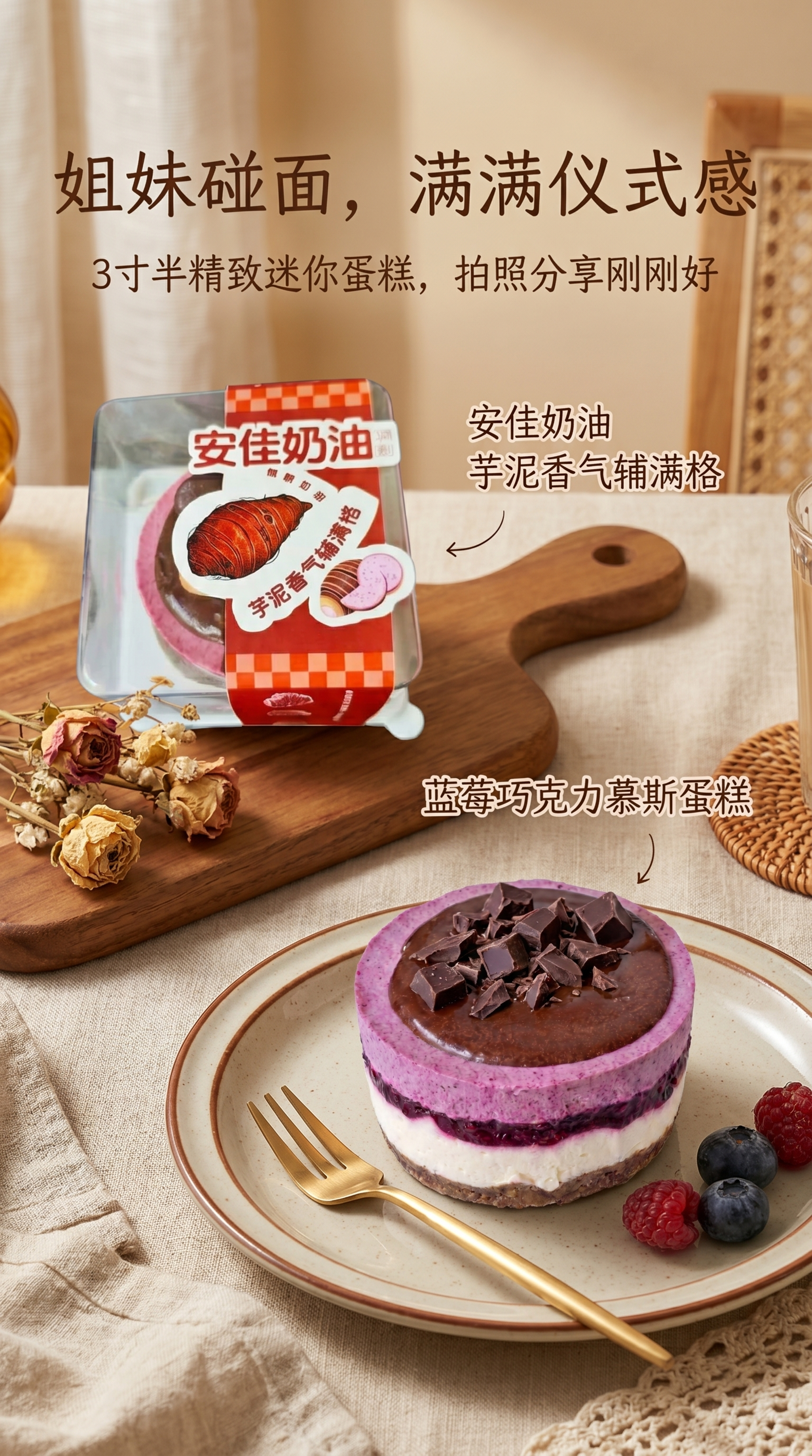 将两张产品图合成一张美食海报，主题是姐妹碰面仪式感，3寸半精致… - 图片创意预览