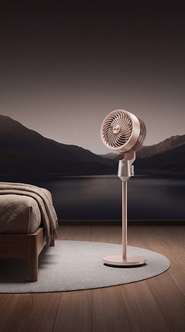 将这台奥克斯风扇放置在高端轻奢家居场景中，前景是浅灰色圆形地毯铺设于温润木质地板上，中景截取原木暖棕色调床角，背景为渐变暗调开阔山水湖景，纵向延伸空间层次，整体色调以原木暖棕、浅灰为主，低饱和暗调，写实摄影，高清质感，空间宽敞，静谧治愈，左侧留床角作为视觉支点，右侧大幅留白，保证风扇产品结构不扭曲变形