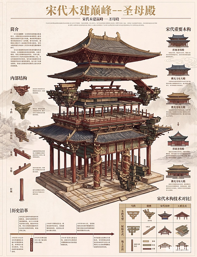 以图一的圣母殿建筑为主体，按图二（黄鹤楼海报）的版式结构重新设计一张全新海报：顶部大标题为‘宋代木建巅峰——圣母殿’；左侧设‘简介’‘内部结构’板块；中央为圣母殿高清彩绘图；右侧设‘中国名楼’类比栏（替换为‘宋代重要木构’如晋祠圣母殿、佛光寺东大殿等）；下方设‘历史沿革’时间轴（改为圣母殿相关历史事件）与‘图表信息’模块（可设为‘宋代木构技术对比’等）。整体保持新中式彩绘风格、米白纸背景、青绿金配色。