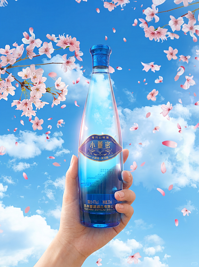透明渐变蓝色玻璃瓶白酒，瓶身印有金色品牌文字，保持物理结构不变，严禁扭曲拉伸改变产品形态和瓶身文字。春天户外场景，蓝天白云搭配粉白色樱花花瓣，参考图的手拿产品构图，保持整体明亮清新春日色调，一只手从画面下方托住酒瓶。柔和漫射侧逆光，产品受光面泛起天蓝色柔光，暗部及边缘映射浅粉色的环境光晕，绝对禁止纯白高光，彻底物理融合。产品居中特写构图，樱花花瓣轻轻飘落，增加春日生机。微调拍摄视角，手替换成简约清爽东亚人手，背景樱花树枝布局重构，消除参考图原有品牌文字。严格锁定宽高比为3:4，分辨率4K，画面明亮干净，低对比度柔和阴影。西方面孔,金发,深眼窝,雀斑,杂乱,死黑阴影,硬光,高对比度,文字变形,产品扭曲