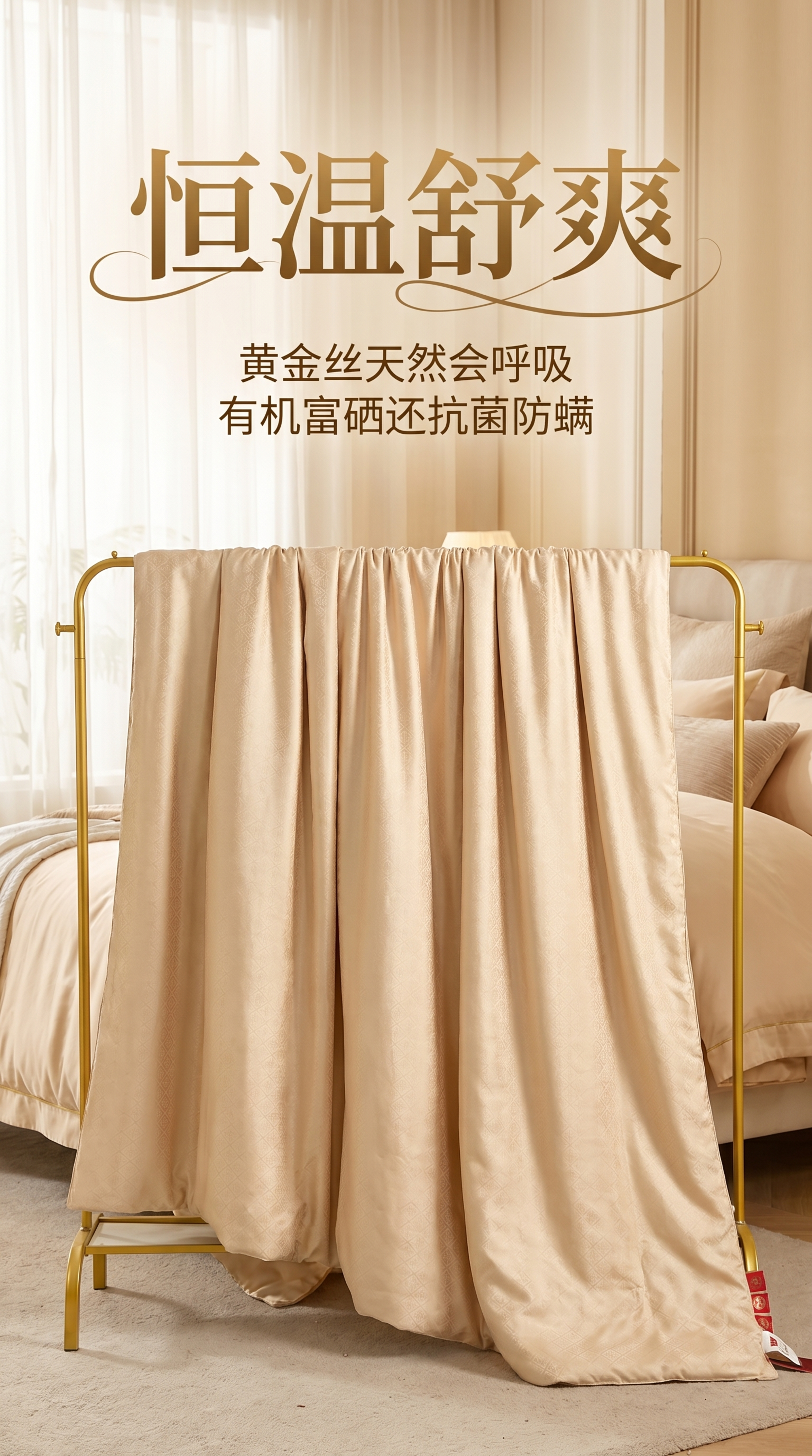 为这款黄金丝蚕丝被生成一张竖版电商宣传海报，将产品放在画面主体… - 图片创意预览