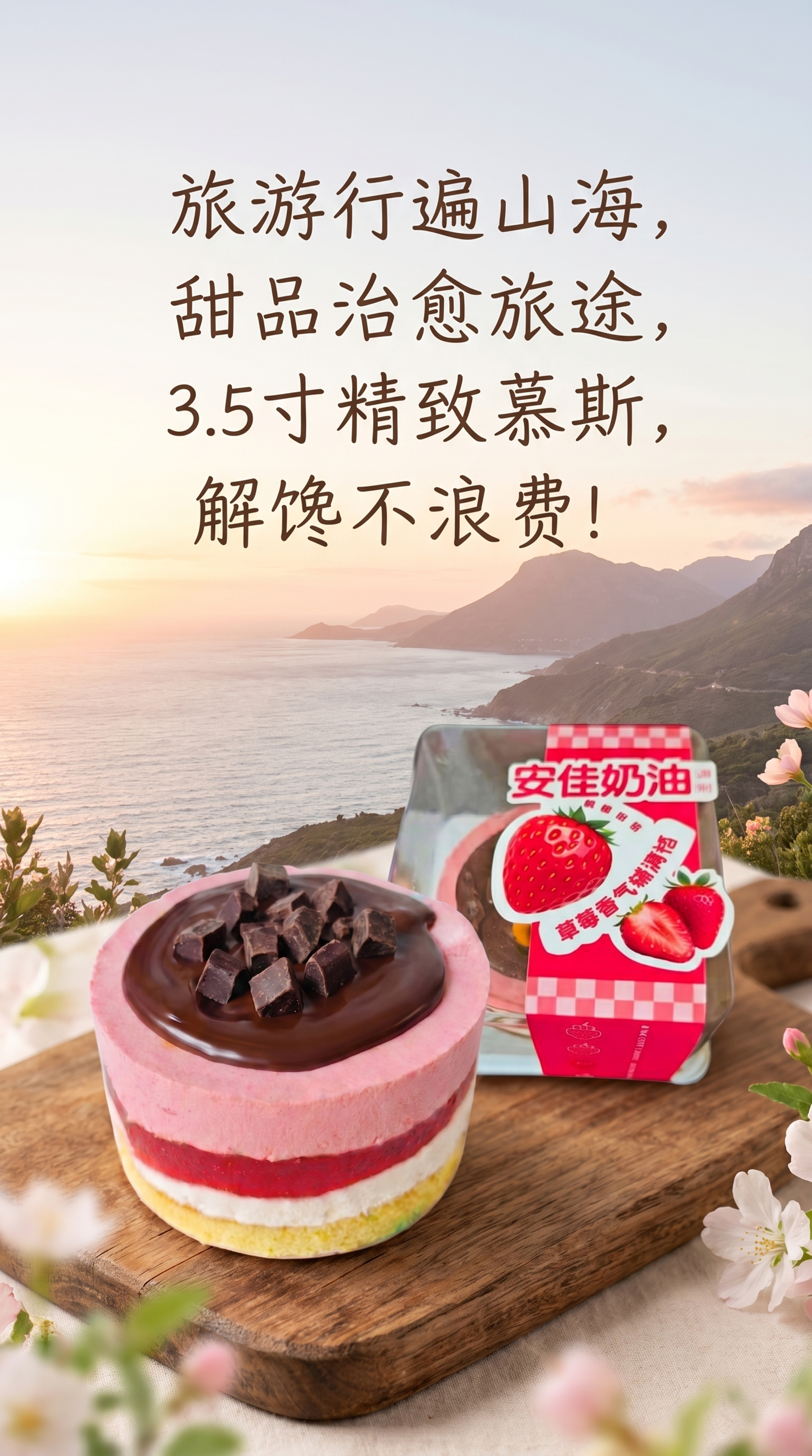 旅游行遍山海，甜品治愈旅途，将两张图片合成一张海报，包含包装和… - 图片创意预览