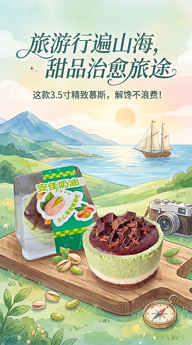 生成甜品宣传海报，主题意境：旅游行遍山海，甜品治愈旅途，这款3.5寸精致慕斯，解馋不浪费！将两张慕斯产品图都合成进海报中，风格清新治愈，搭配旅行山海元素背景，文字排版美观，清晰突出产品，海报整体协调自然