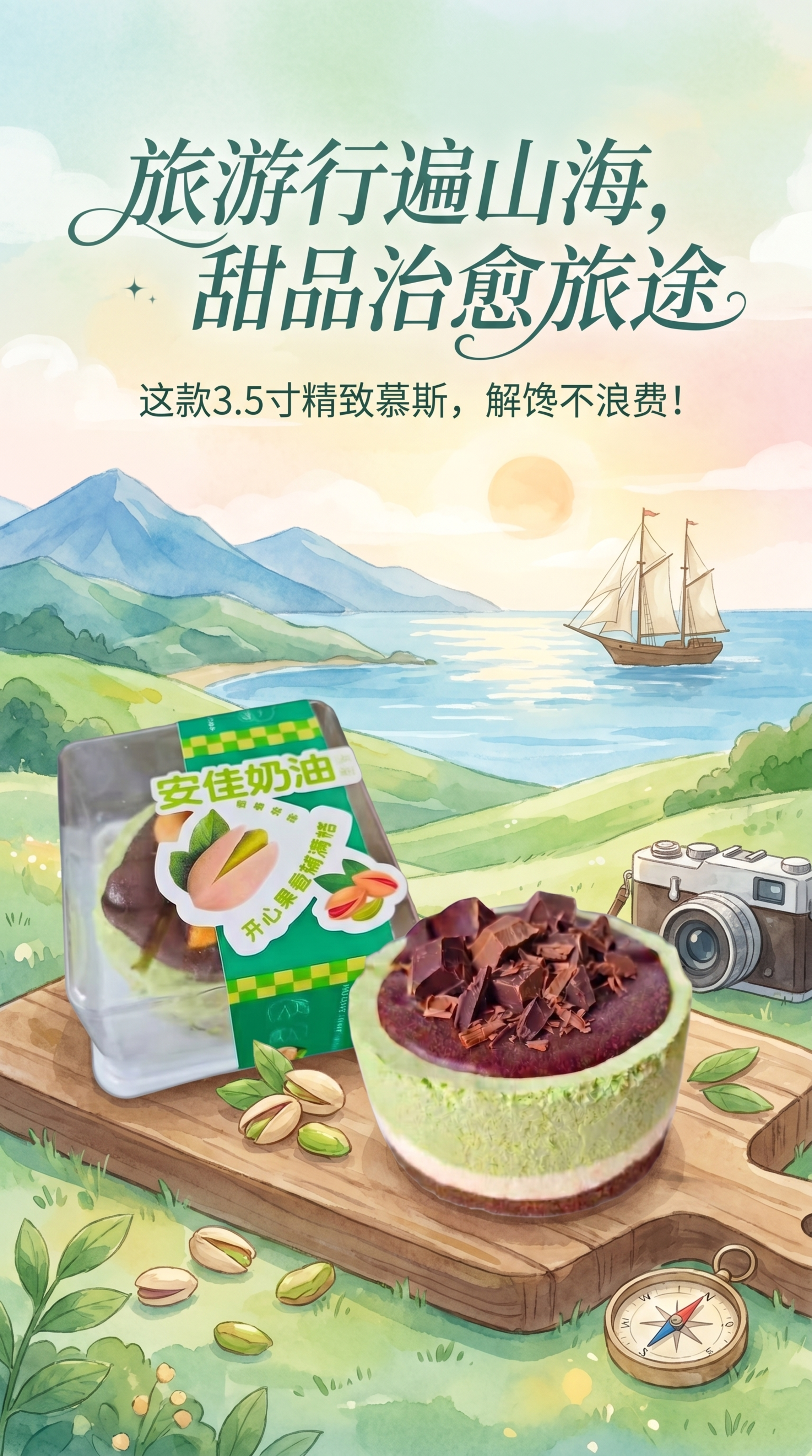 生成甜品宣传海报，主题意境：旅游行遍山海，甜品治愈旅途，这款3… - 图片创意预览