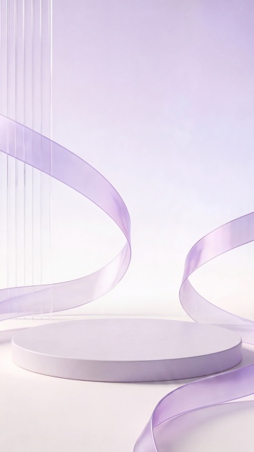 将这张展示台图片中上方多余的小台子去除掉，只保留下方一个完整的圆形展示台，保持整体画面的浅紫色调、淡紫色丝带和透明柱子的风格不变，保持整体的干净简约3D电商展示台效果预览效果