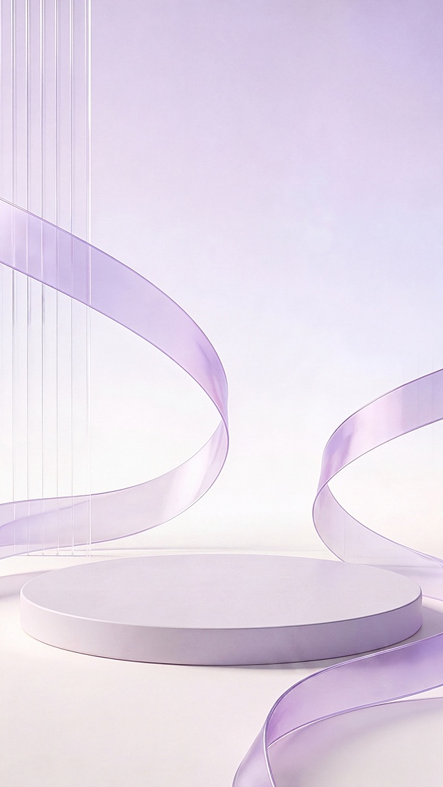 将这张展示台图片中上方多余的小台子去除掉，只保留下方一个完整的圆形展示台，保持整体画面的浅紫色调、淡紫色丝带和透明柱子的风格不变，保持整体的干净简约3D电商展示台效果