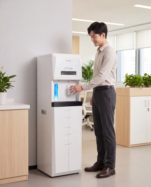 这是一台白色立式直饮水机，保持原产品物理结构、所有文字和外观绝对不变，严禁扭曲变形。设备背面靠墙放置，面板向外展示，放置在现代明亮的办公室休息区环境中。有一位年轻帅气的东亚男职工，面带微笑，正拿着水杯预览效果
