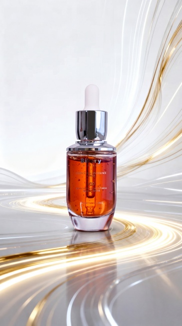 将图片中间位置的银色圆形面霜罐原位替换为图2(参考图)中的琥珀色透明玻璃瓶滴管精华液，瓶身带有银色金属滴管盖和白色胶头。
用图2中精华液的真实物理结构完全覆盖该区域，打破原图旧物的轮廓束缚，保持原产品预览效果