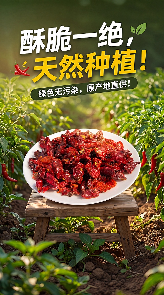 删除图片右下角的抢购价价格字样，保持画面其他元素不变，背景和整体风格自然衔接，商品主图为酥脆干辣椒，背景皱皮红辣椒地，绿色无污染风格