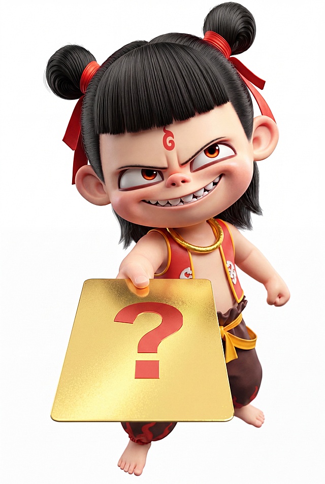 生成一张白底人物全身图像，人物参考哪吒魔童降世形象，保持魔童降世中哪吒的身材比例，哪吒手持带有问号的金色闪卡往镜头前递，金色闪卡靠近镜头，画面有纵深关系，纯白背景，风格为3D卡通风，可爱，哪吒人物在画面居中位置，俯视视角的全身，竖构图，画面比例4：6