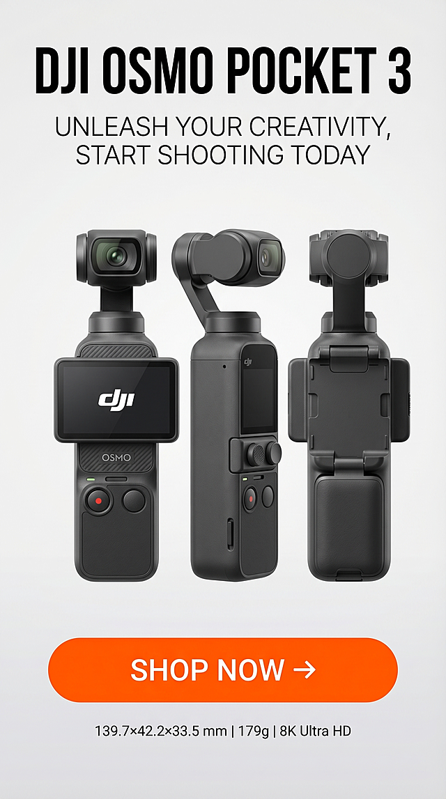 严格还原DJI Osmo Pocket 3产品细节，包括包装设计、颜色、LOGO位置、文字内容、图案元素，产品尺寸139.7×42.2×33.5 mm，重量179g，8K超高清，锐度拉满，欧美高端科技杂志风，整体风格统一高级，光影通透，色彩精准。
布局：
上方放置居中超大字号粗体无衬线大写主标题"DJI OSMO POCKET 3"
主标题下方放置居中细体无衬线大写副标题"UNLEASH YOUR CREATIVITY, START SHOOTING TODAY"
中间居中放置DJI Osmo Pocket 3多角度合成全景特写，包含正面+侧面+云台展开状态，极简浅灰渐变背景，突出产品全貌
中间偏下位置放置超大圆角矩形CTA按钮，橙色底色，白色大写文字"SHOP NOW →"
杂志级收官页排版，视觉焦点突出，整体风格统一，高级感拉满，引导购买，9:16竖屏
