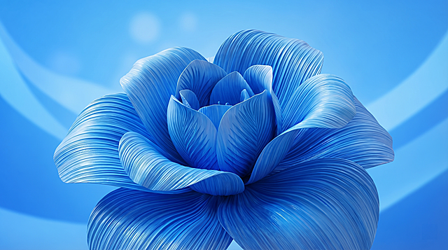 参考图2的蓝色纹理花瓣造型，生成完整花朵绽放形状，呈现蓝色弯曲波浪效果，保留图2的抽象蓝色棕榈叶纹理细节，3D渲染插图，蓝天光影，特写，高分辨率超细节，无模糊，明亮蓝色渐变背景，正视，模糊背景，超高清