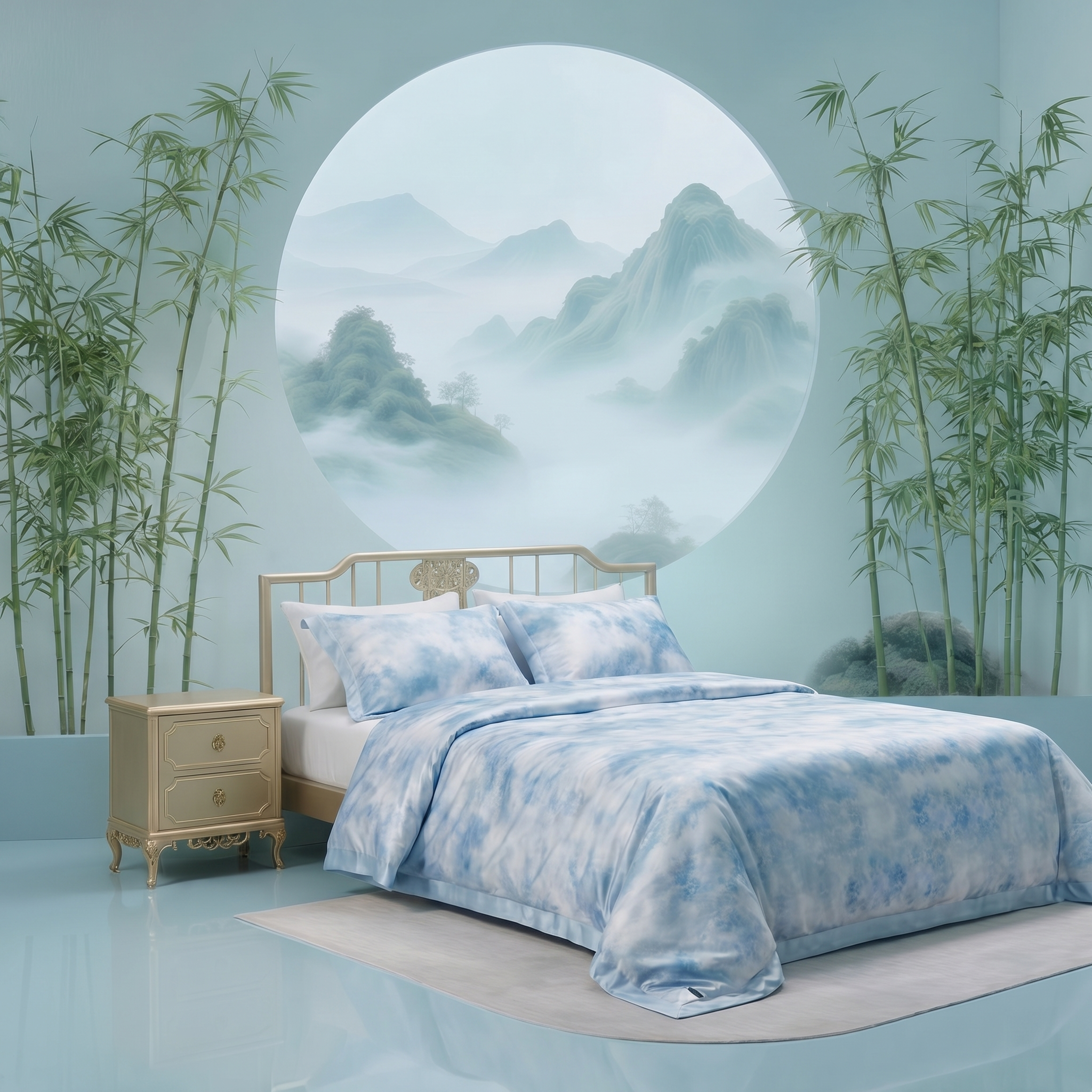将第二张图中的蓝白晕染床品替换到第一张图的床架上，保持第一张图… - 图片创意预览