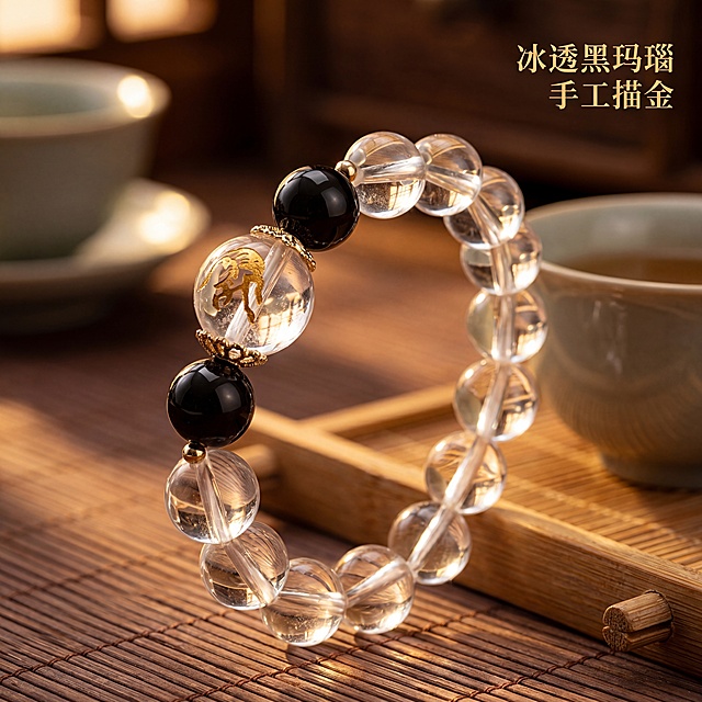 [主图 3] 天然白水晶黑玛瑙手串细节特写展示；[氛围风格]微距商业静物摄影，新中式禅意东方美学，精致通透质感；[画质]8K超高清微距摄影质感，极致细节清晰真实，画面干净高级，去除廉价感和工业假感，保证产品不变形；[元素]放大镜效果放大展示手串描金水晶细节，突出描金工艺与水晶冰透质感，对比黑玛瑙的黑亮质感，背景为虚化茶室茶席，保持手串珠子材质质感、撞色搭配与描金细节与输入产品图绝对一致，杜绝变形色差。商品主体细节占画面核心，构图紧凑留白合理，画面满铺无边框；[光影]暖金色夕阳侧光，光线穿透水晶珠子产生丁达尔效应，突出通透冰透特质，明暗对比突出细节纹理；[配色]低饱和暖调木色系，保持东方禅意氛围；[视角构图]微距特写平视构图，大光圈虚化背景；[文字版式]右上负空间标注：冰透黑玛瑙 手工描金，文字小巧清晰不遮挡细节；[比例分辨率]1:1 比例，2K分辨率，文字清晰锐利，超高清画质；[负向提示词]廉价感，模糊感，工业假感，产品变形，水印，文字错乱，背景杂乱，遮挡主体