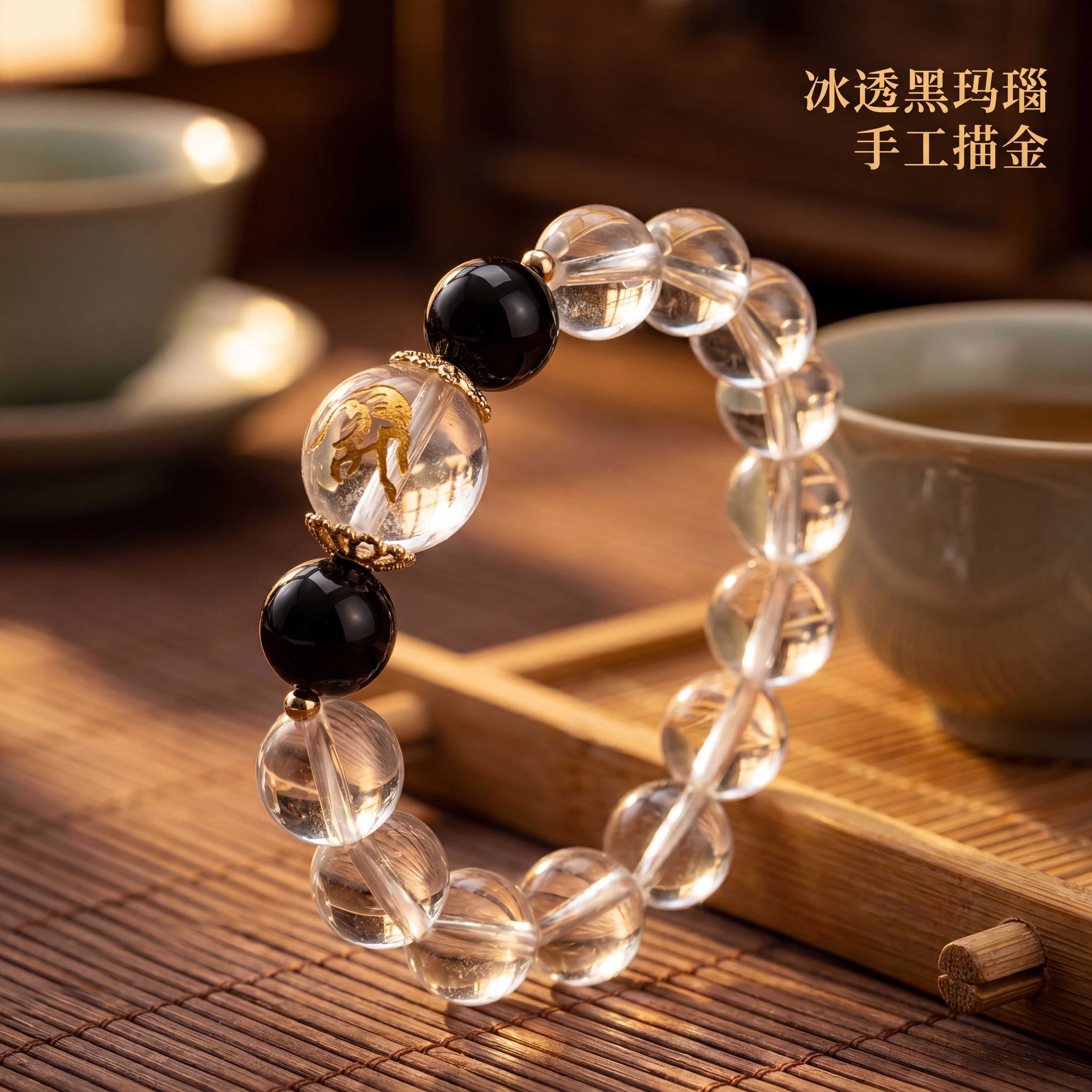 [主图 3] 天然白水晶黑玛瑙手串细节特写展示；[氛围风格]微… - 图片创意预览