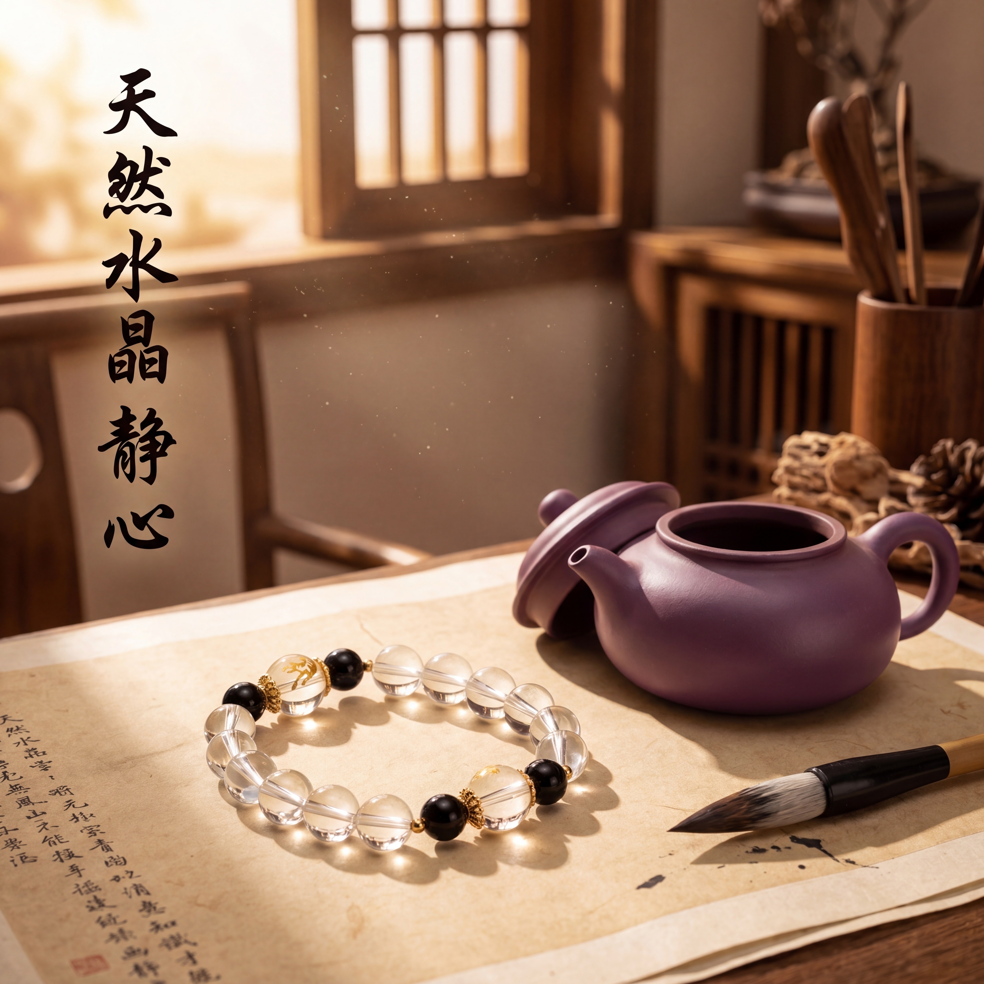 [主图 4] 天然白水晶黑玛瑙手串场景氛围感展示；[氛围风格]… - 图片创意预览