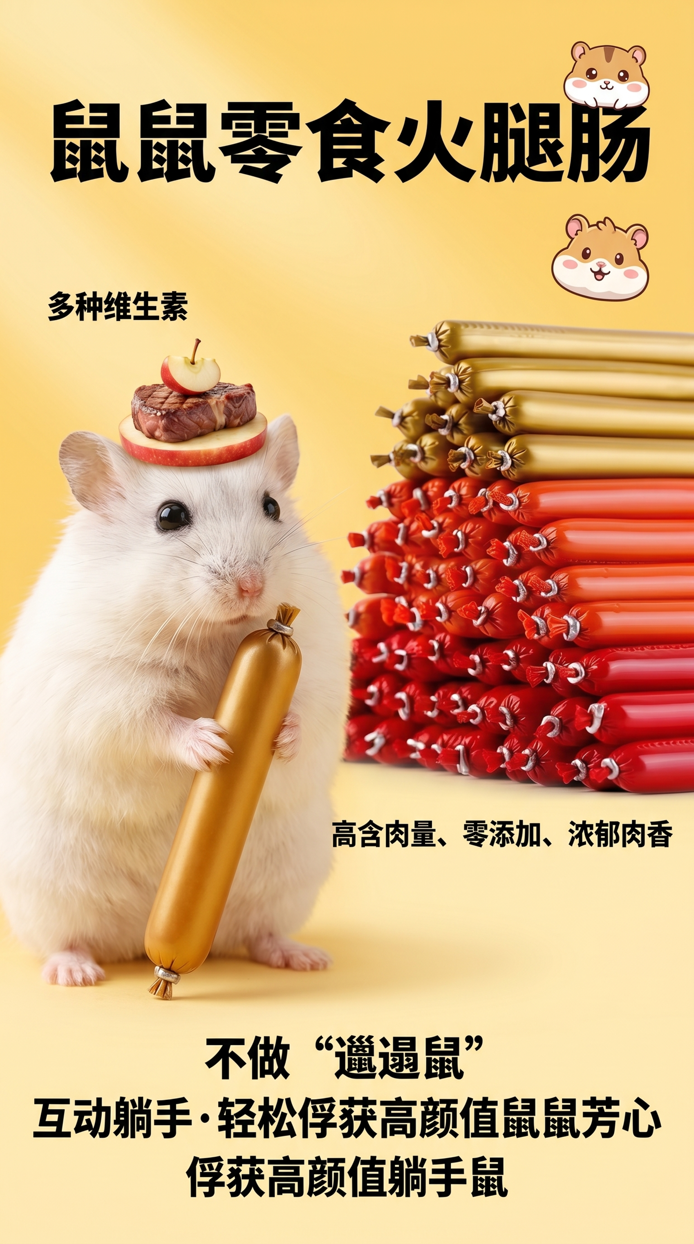 语迪品牌仓鼠零食电商主图海报，主题"属鼠零食 醇厚肉香"。核心… - 图片创意预览
