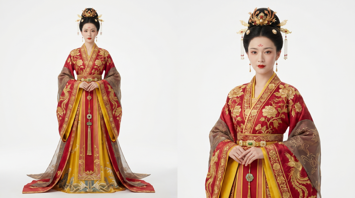 全身构图，一名端庄华丽的中国古代女性，穿着盛唐贵妃正装华服，极致华贵尽显皇家高贵身份，头戴赤金镶宝九鸾步摇与珍珠凤凰发簪，眉心花钿妆容精致明艳，身着齐胸广袖襦裙，衣料为顶级流光蜀锦，全身重工织金刺绣缠预览效果