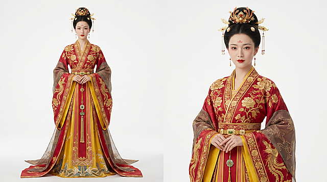 全身构图，一名端庄华丽的中国古代女性，穿着盛唐贵妃正装华服，极致华贵尽显皇家高贵身份，头戴赤金镶宝九鸾步摇与珍珠凤凰发簪，眉心花钿妆容精致明艳，身着齐胸广袖襦裙，衣料为顶级流光蜀锦，全身重工织金刺绣缠枝牡丹、鸾鸟与宝相花纹，领口金线滚边，外披半透明烟罗纱披帛，印缠枝莲与云纹飘逸垂坠，下着多层曳地长裙，裙摆绣海水江崖纹，腰系鎏金嵌玉蹀躞带，悬挂玉佩与丝绦流苏，衣袖宽大华丽，服饰色彩以绯红、明黄、鎏金为主，衣物质感细腻通透，刺绣立体精致，金饰珠宝光泽璀璨，褶皱自然灵动，电影级光影，高清细节，五官精致大气，仪态雍容端庄，尽显贵妃尊贵威仪与绝代风华，画面采用纯白色极简背景，高端摄影棚柔光照明，极致细节，8k超清分辨率，写实摄影风格