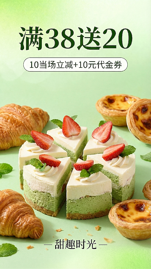 移除原海报中的圆形蛋糕，换成小三角形切块蛋糕，保留可颂和蛋挞，保持绿色系列风格和文字'满38送20 10当场立减+10元代金券'，整体清新诱人