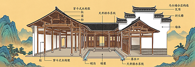在徽派民居侧剖结构图上对关键结构添加清晰标注与说明文字：穿斗式木构架（柱、梁、枋）、天井排水系统（明沟、暗渠、落水口）、马头墙分层构造（墙体、封火檐、瓦顶），采用工笔国画风格，文字用楷体小字，带引线指向对应部位，保持原图青绿山水色调与宣纸背景风格统一，画面整洁专业，适合作为建筑教学插图