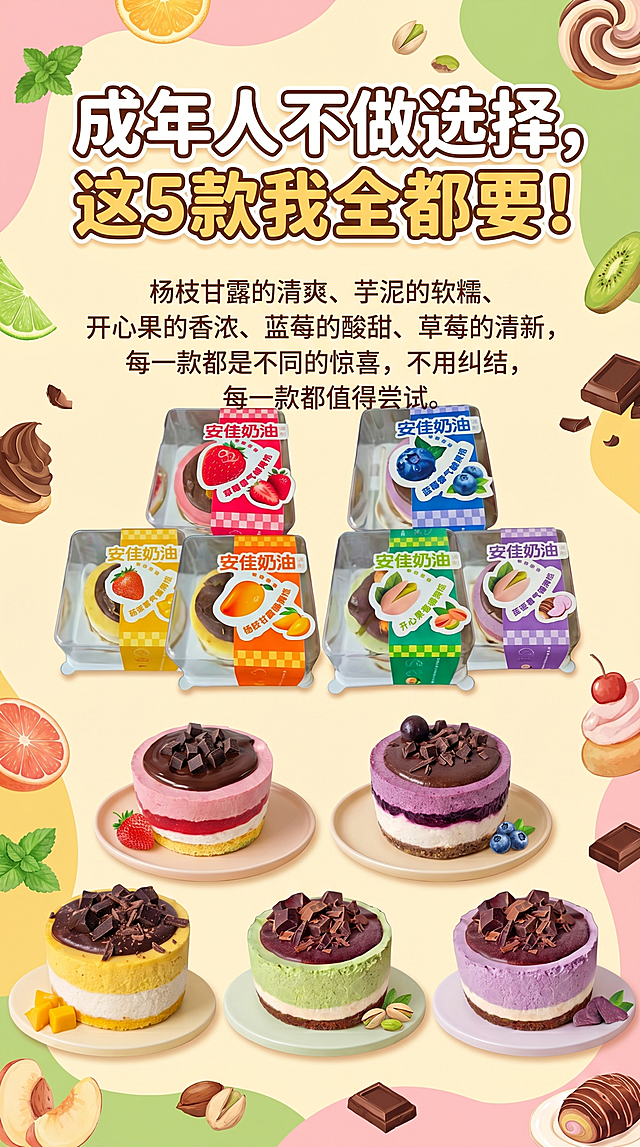 制作一张美食宣传海报，标题为"成年人不做选择，这5款我全都要！"，内容文案为：杨枝甘露的清爽、芋泥的软糯、开心果的香浓、蓝莓的酸甜、草莓的清新，每一款都是不同的惊喜，不用纠结，每一款都值得尝试。海报将以下10张图全部放入排版，包含五款口味的盒子图和成品蛋糕图，风格清新诱人，甜点烘焙产品宣传海报，色彩明快，构图均衡有吸引力。