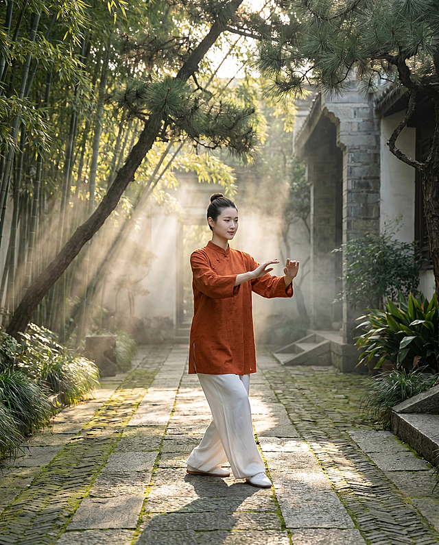 保持图中的女性模特人物、焦糖红色暗纹太极服和白色裤子不变，保持人物整体结构和服装版型不变，将背景更换为古色古香的安静中式庭院，庭院有青石板路和苍松翠竹，薄雾朦胧，暖阳穿过竹林形成丁达尔光影，模特自然练习太极拳，动作舒展，整体意境闲适淡雅，符合国内电商淘宝主图风格，画面明亮干净，低饱和度暖调，柔和自然光，商业高端服饰摄影，4K分辨率，严格锁定宽高比为4:5