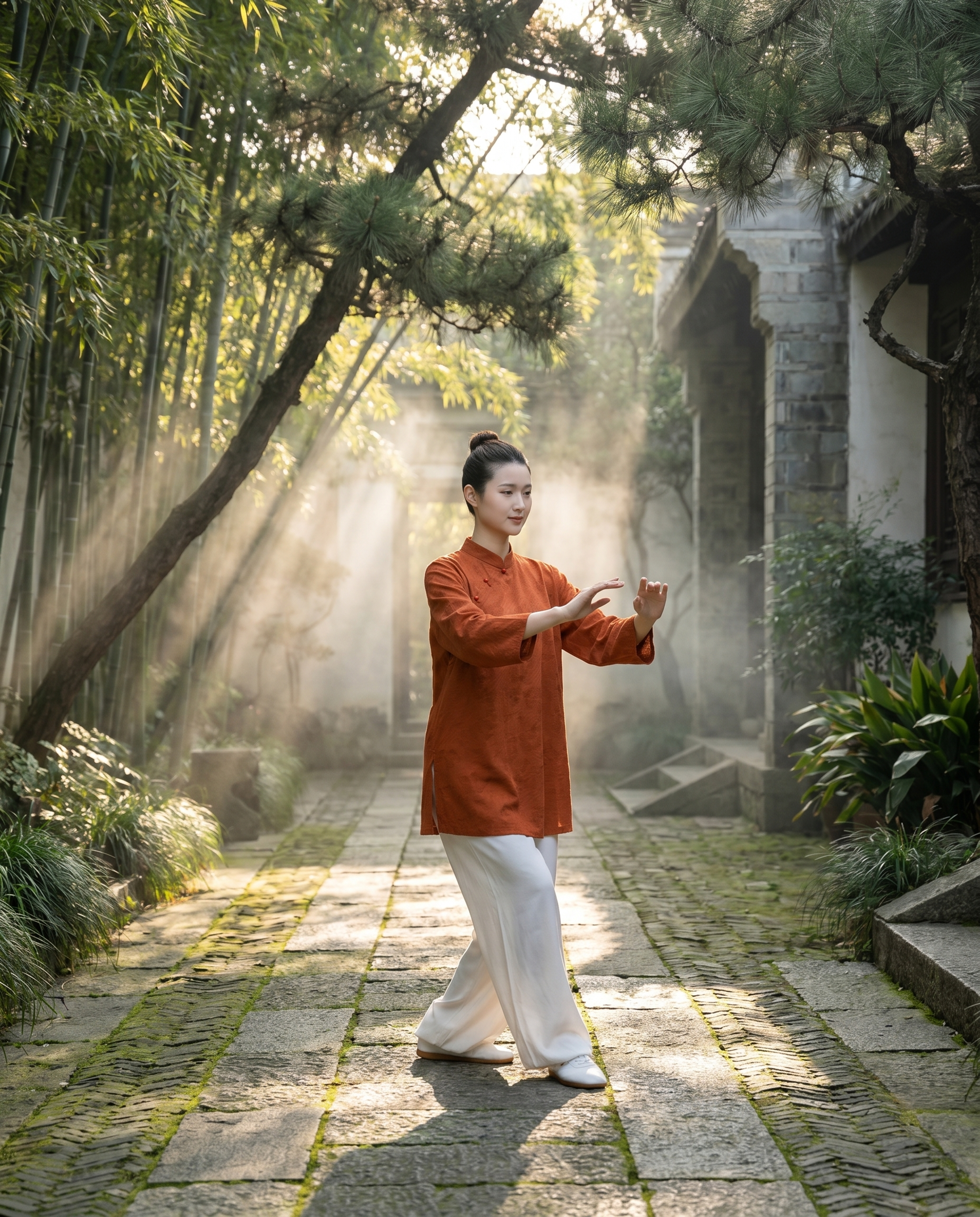 保持图中的女性模特人物、焦糖红色暗纹太极服和白色裤子不变，保持… - 图片创意预览