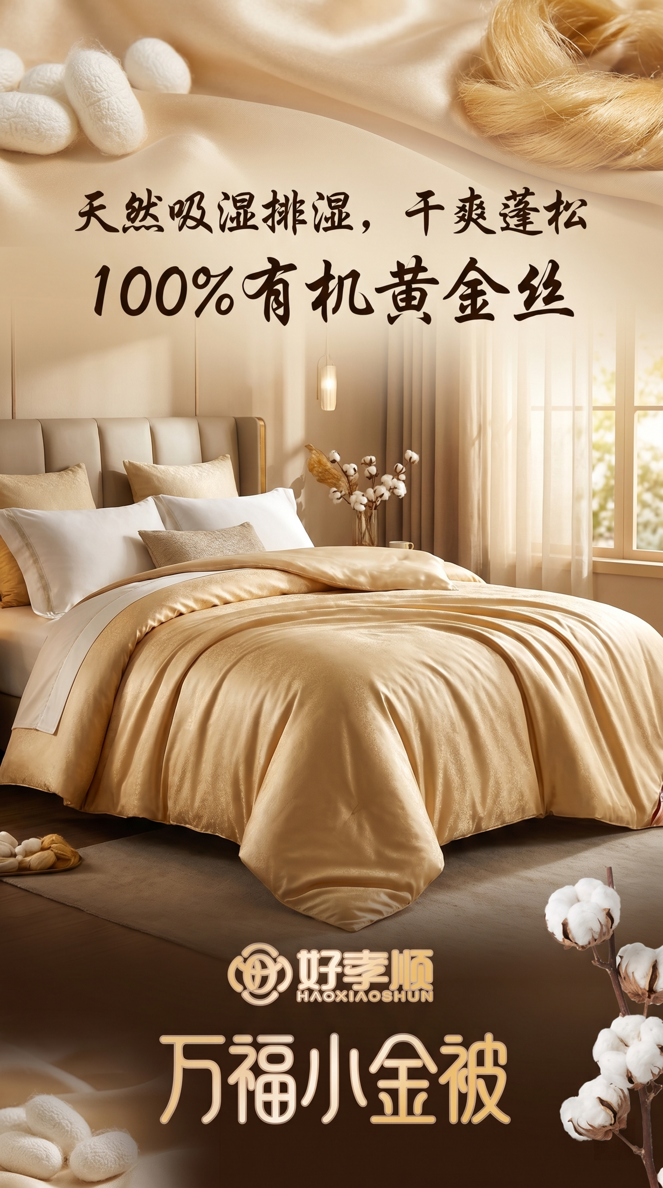 生成一张竖版黄金丝蚕丝被宣传海报，产品放置在画面中央，突出黄金… - 图片创意预览