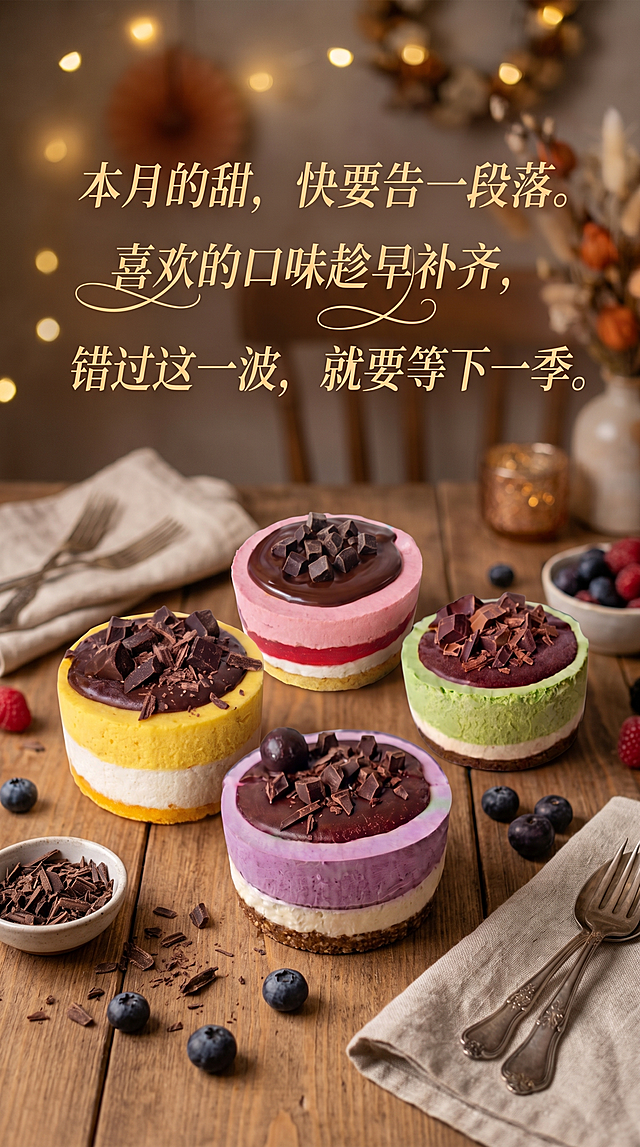 制作一张甜点促销海报，将提供的五款不同口味蛋糕都放到海报中，保持每个蛋糕原本的样子不变，排版错落有致，添加文字文案："本月的甜，快要告一段落。喜欢的口味趁早补齐，错过这一波，就要等下一季。"，整体风格温馨治愈，食物摄影，高级感美食海报，暖色调氛围感
