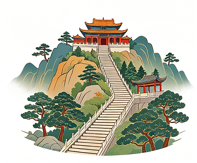 将这张图重绘为高清国风插画，保留所有建筑、阶梯、山体和树木元素，替换背景为纯白色，保持整体风格干净清晰，高清画质