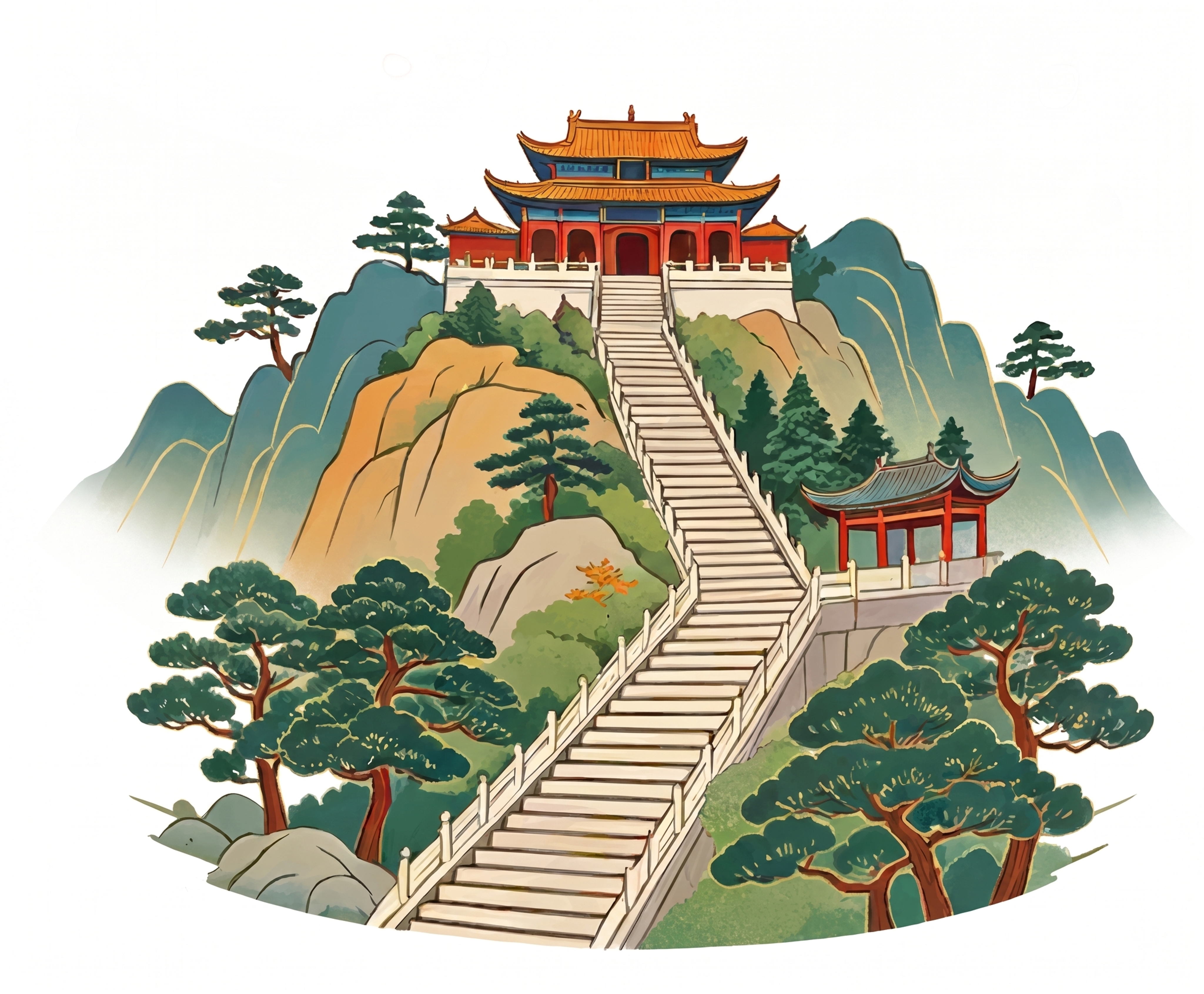 将这张图重绘为高清国风插画，保留所有建筑、阶梯、山体和树木元素… - 图片创意预览