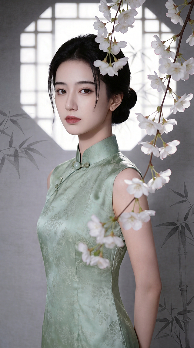 参考图中人物样貌，生成人物右侧45度侧身视角全身照，保留原人物面容和发型，人物身着浅绿色暗纹无袖旗袍，背景保持中式八角窗、水墨竹影和白色垂枝樱花，整体保持新中式国风写真风格，竖构图