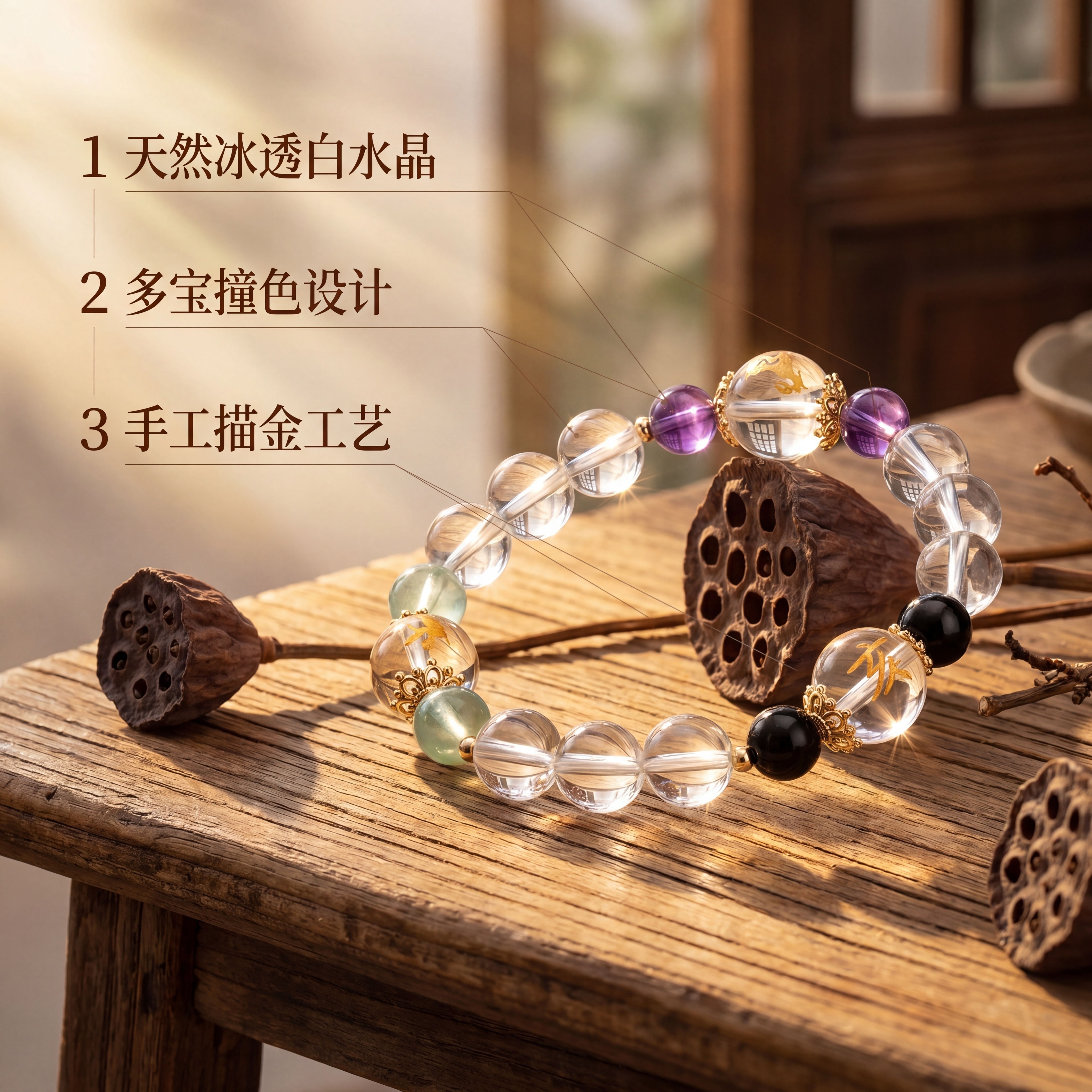 [主图 2] 天然白水晶多宝手串核心卖点展示；[氛围风格]电影… - 图片创意预览