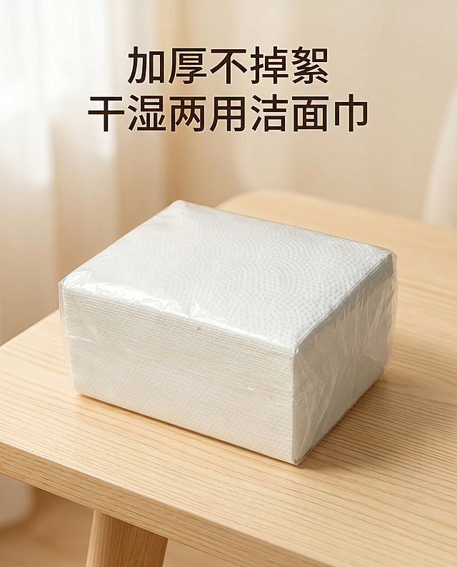 保持图片中白色棉柔巾产品外观和物理结构绝对不变，仅替换为温馨奶油风干净原木桌面背景，整体为浅暖米色清新环境，柔和明亮漫射自然光，在画面顶部加上卖点文字“加厚不掉絮 干湿两用洁面巾”，字体简洁醒目，商业摄影，4K超清，干净通透，保持4:5比例