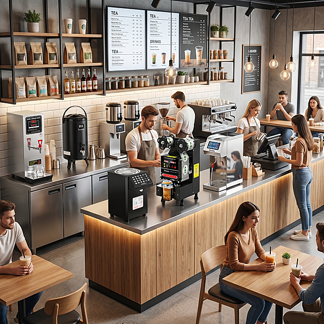 生成超写实美国现代奶茶店商业场景图，采用顾客侧前方斜拍中景视角，能看到主操作岛台、后方靠墙工作区、顶部菜单灯牌、开放式置物架、收银区和部分顾客区。设备摆放按要求：左侧靠后的不锈钢工作台最左边放开水机，靠墙中后位置放保温桶；中央主操作岛台中间偏后放封口机，前方靠近镜头位置放果糖机，右后方放蒸汽奶泡机。五台机器都完整出现，彼此不重叠不遮挡，大小比例符合真实商用设备尺寸关系。蒸汽奶泡机外壳必须是镜面不锈钢材质，呈现真实高反射效果和环境倒影。中央安排一位美国白人店员自然操作封口机给奶茶封口，其他可见店员全部为美国白人。整体比普通AI场景更真实，呈现真实营业中的美国现代奶茶店氛围，具有高级商业摄影质感，不添加文字logo水印。