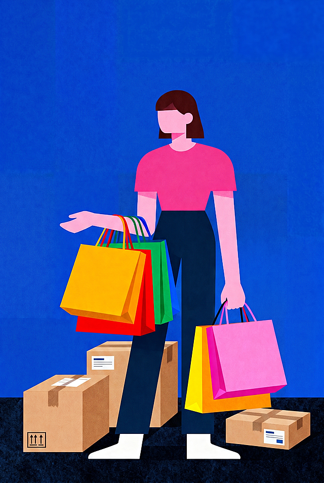 保留图中人物原有姿态，去掉背景的彩色色块，改为纯色背景，在人物脚边增加几个快递箱，手中保留购物袋，保持色块拼合风格，大胆鲜艳配色