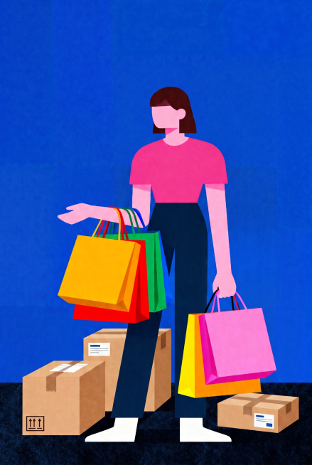 保留图中人物原有姿态，去掉背景的彩色色块，改为纯色背景，在人物脚边增加几个快递箱，手中保留购物袋，保持色块拼合风格，大胆鲜艳配色预览效果