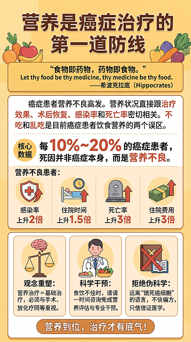 根据参考图的卡通扁平风格，生成一张医疗科普长图首页，整体暖黄色调配色。主标题："营养是癌症治疗的第一道防线"，标语："食物即药物，药物即食物。Let thy food be thy medicine, thy medicine be thyfood. ——希波克拉底（Hippocrates）"，导论："癌症患者营养不良高发。营养状况直接跟治疗效果、术后恢复、感染率和死亡率密切相关。不吃和乱吃是目前癌症患者饮食营养的两个误区。"，核心数据："每 10%~20% 的癌症患者，死因并非癌症本身，而是营养不良。营养不良患者：感染率上升2倍 | 住院时间上升1.5倍 | 死亡率上升3倍 | 住院费用上升3倍"，顶部角落搭配新鲜蔬菜水果插画，排版清晰易读，信息层级分明，保持医疗科普海报风格。