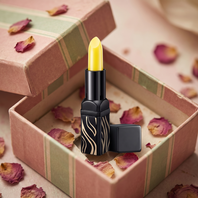 保持这只口红的外观完全不变：黄色膏体，黑色斑马纹外壳，带黑色方形盖子，物理结构绝对不变，严禁扭曲变形。口红放置在纸质礼盒内，主体口红占画面25%。整体采用浪漫复古的商业摄影风格，粉绿撞色的柔和复古色调预览效果