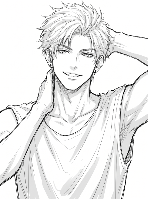 根据参考图男性五官特征，绘制成日系二次元线稿风格的痞帅少年感男性，自带叛逆鲜活气质；上半身特写构图，人物上半身占画面90%，头部微微歪向一侧，一只手搭在脑后，另一只手靠近脖颈，表情阳光张扬，嘴角带笑；预览效果