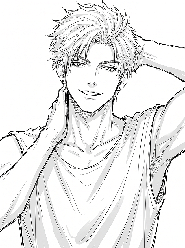 根据参考图男性五官特征，绘制成日系二次元线稿风格的痞帅少年感男性，自带叛逆鲜活气质；上半身特写构图，人物上半身占画面90%，头部微微歪向一侧，一只手搭在脑后，另一只手靠近脖颈，表情阳光张扬，嘴角带笑；角色穿着松垮的无袖露肩上衣，露出锁骨与肩颈线条，耳部佩戴简约耳钉，整体干净阳光；整体为日系黑白线稿速写风格，线条随性流畅，带有轻微灰调阴影，笔触松弛，重点突出人物的动态和痞帅少年气质